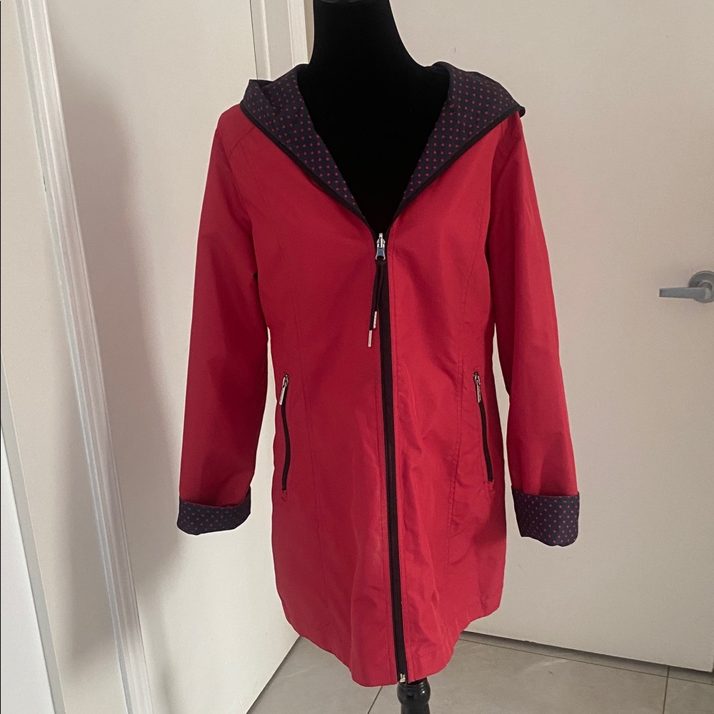 REVERSIBLE Hooded Polka Dot Print in Blue Red polka dots reverse Red size Medium - Picture 13 of 17
